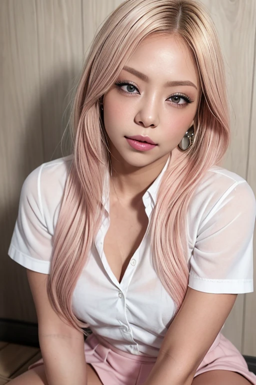 1girl,at home, brown eyes, black hair,(extremely detailed CG unity 8k wallpaper), (masterpiece), (best quality), (ultra-detailed), (best illustration), (best shadow), ultra-high res, (photorealistic:1.4), ((very oversize shirt, buttoned shirt, open shirt)), (man shirt), no bra, collarbone, no panties, (big breasts:1.2), (light silver hair:1.2), looking at viewer, light smile, upper body, makeup, long hair, pink hair