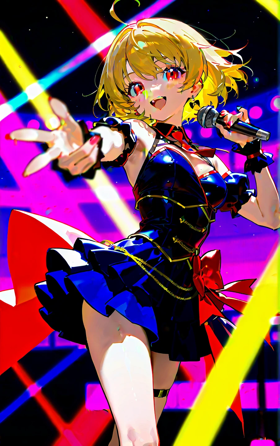 anime art style:1 Sexy Fashionable Female Celebrities, Avant-garde makeup,Exquisite hairstyle,hair accessories, confidence and determination,(Colorful fashion high heels),Standing in the center of the catwalk and performing, sparkling(pop art style)clothing,concept art,Sexual innuendo,fishnet stockings.