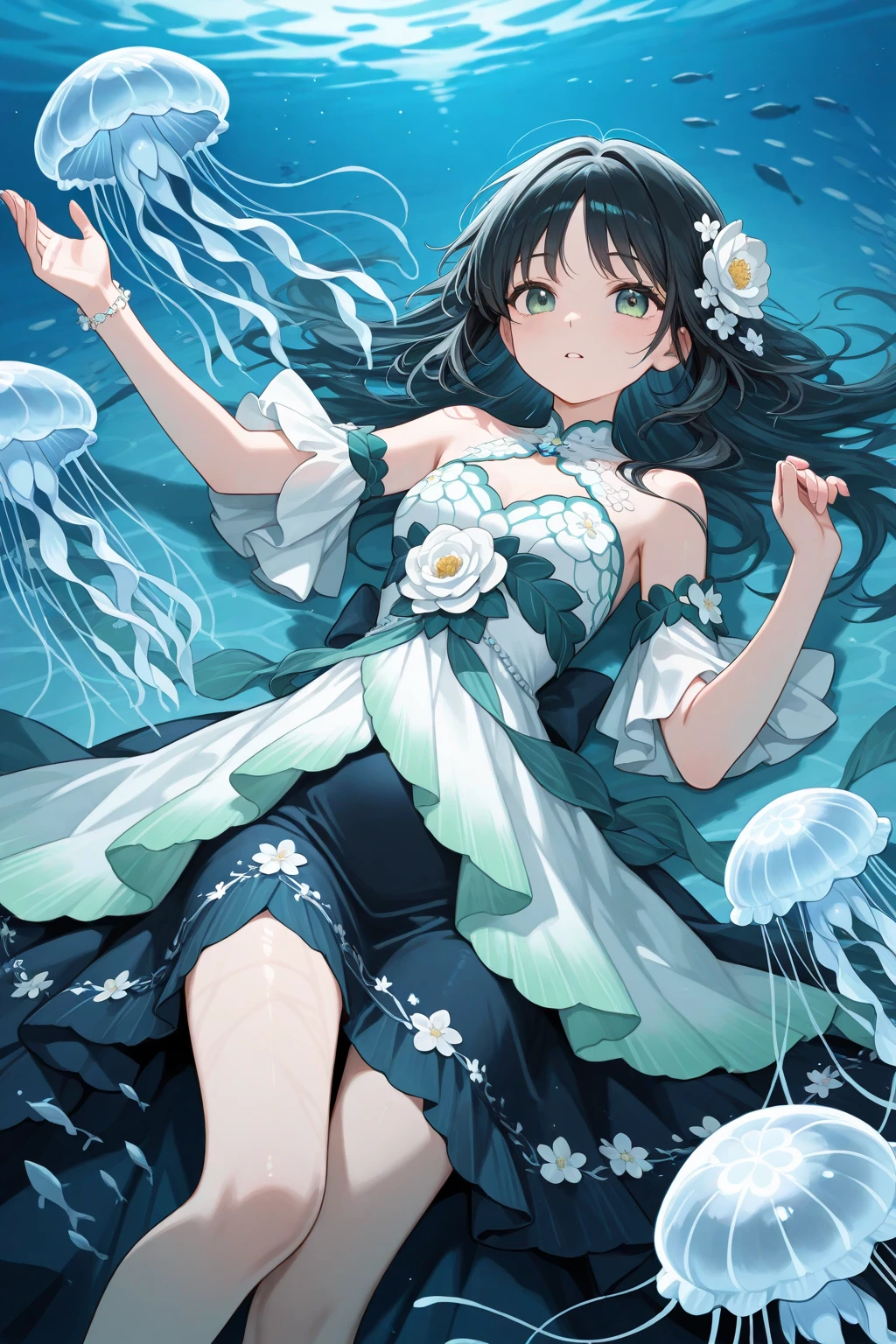 art by Cornflower, dreamy,
(1girl, air_bubble, armpits, bangs, bare_arms, bare_shoulders, breasts, bubble, caustics, cleavage, collarbone, dress, eyebrows_visible_through_hair, fish, flower, hair_flower, hair_ornament, long_hair, looking_at_viewer, medium_breasts, ocean, open_mouth, sleeveless, sleeveless_dress, smile, solo, splashing, submerged, underwater, water, water_drop, waves, white_dress, yellow_eyes) <hypernet:Cornflower_Mirage:1>