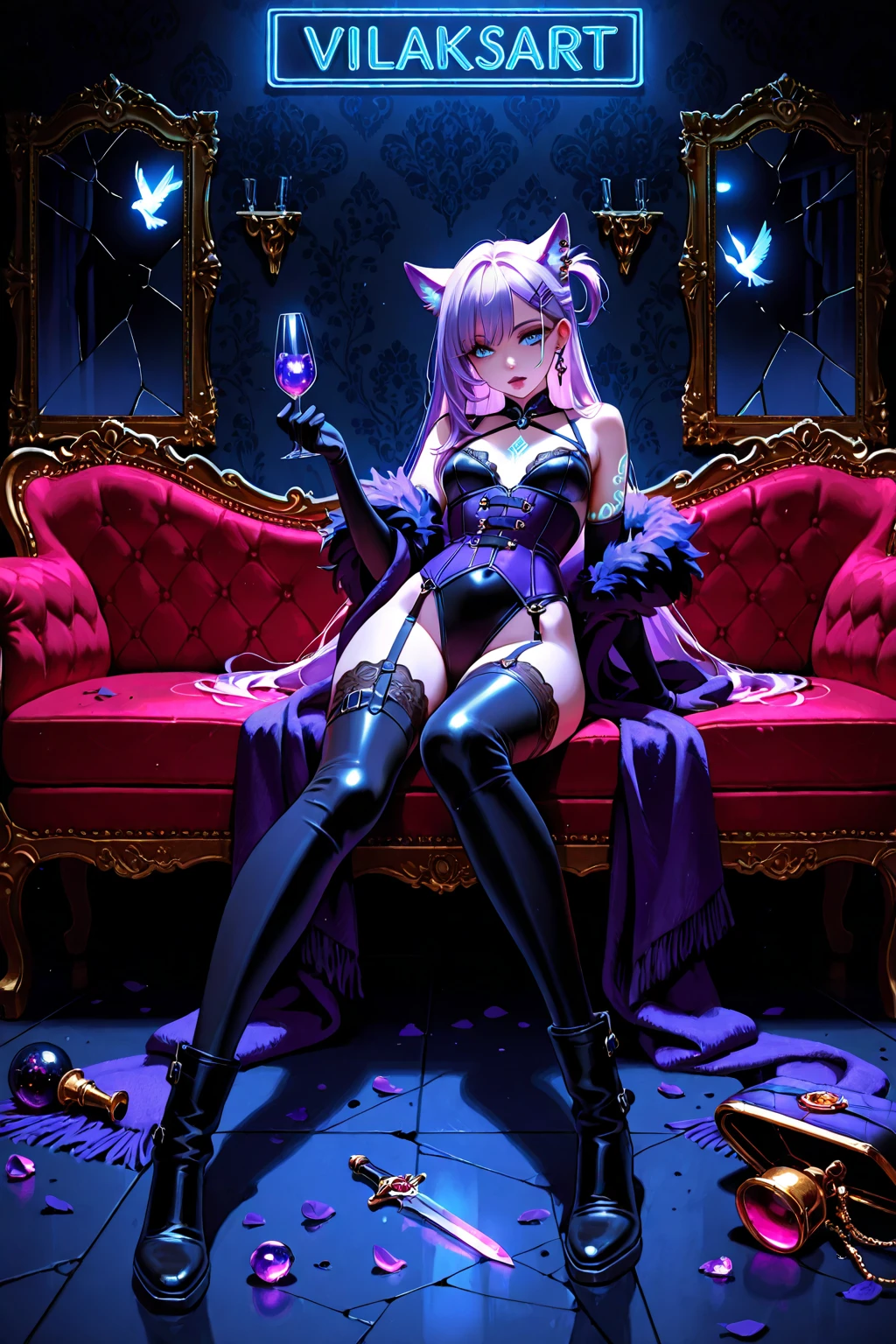 On the luxsurious sofa in seductive pose laying a female kitsune, she have red long hair with pink highlights, charming green eyes. tasty red lips, she dreessed in unbutten blouse, black short skirt high soking and snickers, also she wear glasses, she holding lollypop, she have four gorgeous magic fox tails, (ultra high quality fantasy art, magical fantasy style, masterpiece, ultra high quality character design, 8k quality anime art, realistic anime art, top quality wallpaper illustration, detailed ultra high quality accurate face, high quality design and accurate physic)