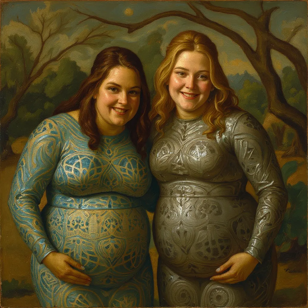 England, 1349. A young extremely obese pregnant ((((30-year-old)) Gwenda)), strong, rustic, in a farm field, ((((hugging her 11-year-old daughter tight)))), ((scared and relieved expression)). ((((clothings from the 1340s)))), ((blond hairstyle of the 1340s))