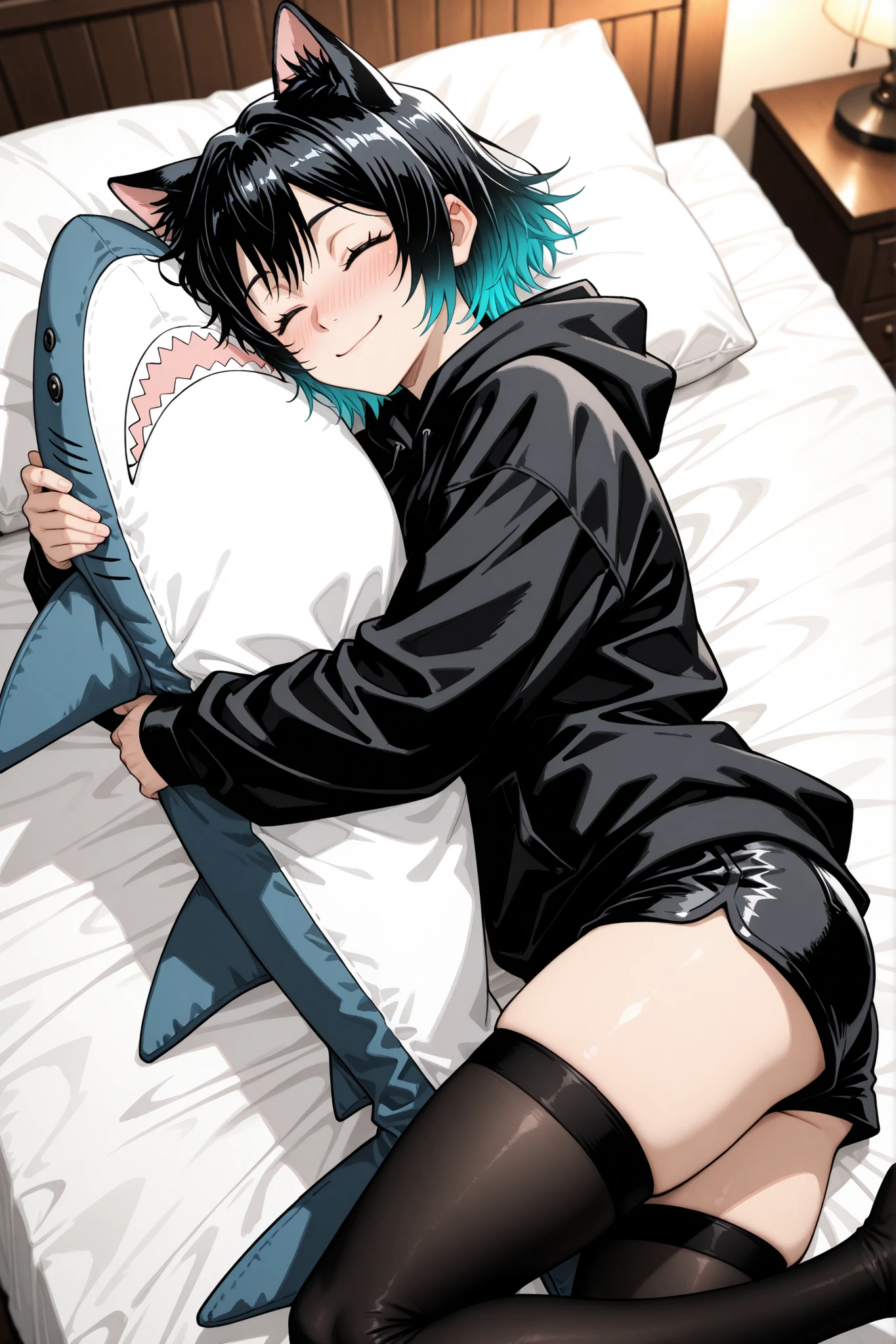 monochrome, hatching, jujutsu kaisen manga style, sketch, looking at viewer, 1 girl, cat ears, black hair, rainbow gradient hair, multicolored hair, closed eyes, short hair, androgynous, smile, full-face blush, black hoodie, black shorts, laying, in bed, hugging a massive shark plushie, thighhighs, ((4k,8k,Ultra HD)),((Masterpiece :1.2)),((Best quality :1.2)),((Detailed :1.5)),((Detailed background :1.5)), cinematic lighting , cinematic angle, backlighting, Depth of field, long exposure,
