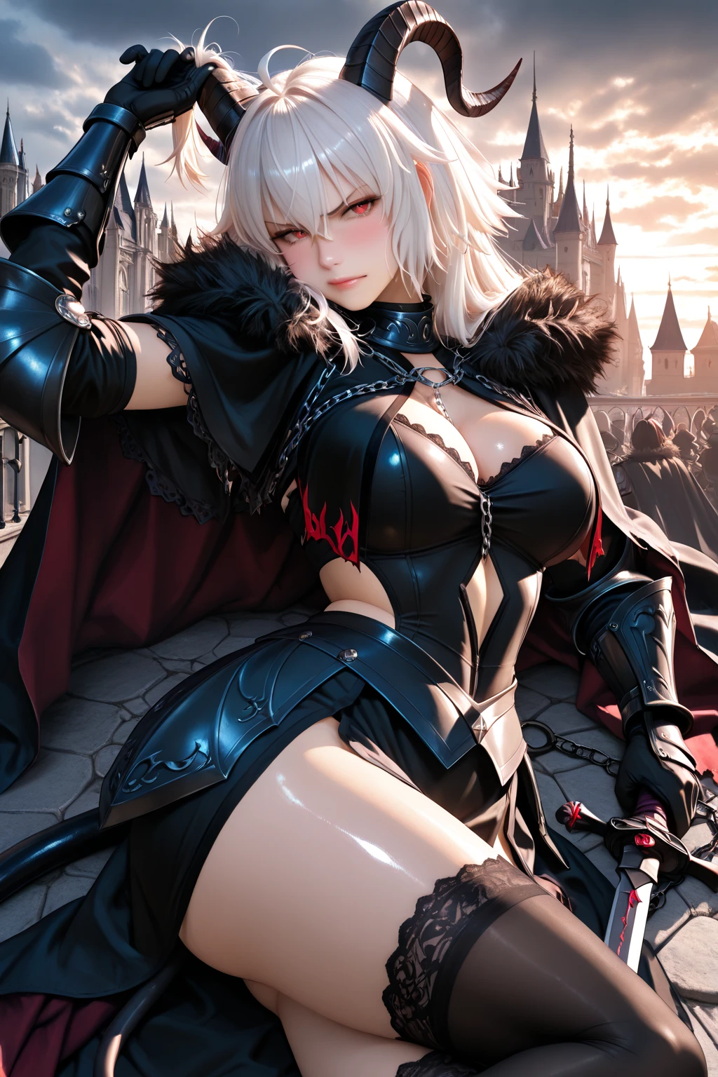 1girl, white hairs, red eyes, vampire, black adventurer armor, lake, night, campfire, sitting on ground, massive breasts, long hair, fluffy hair