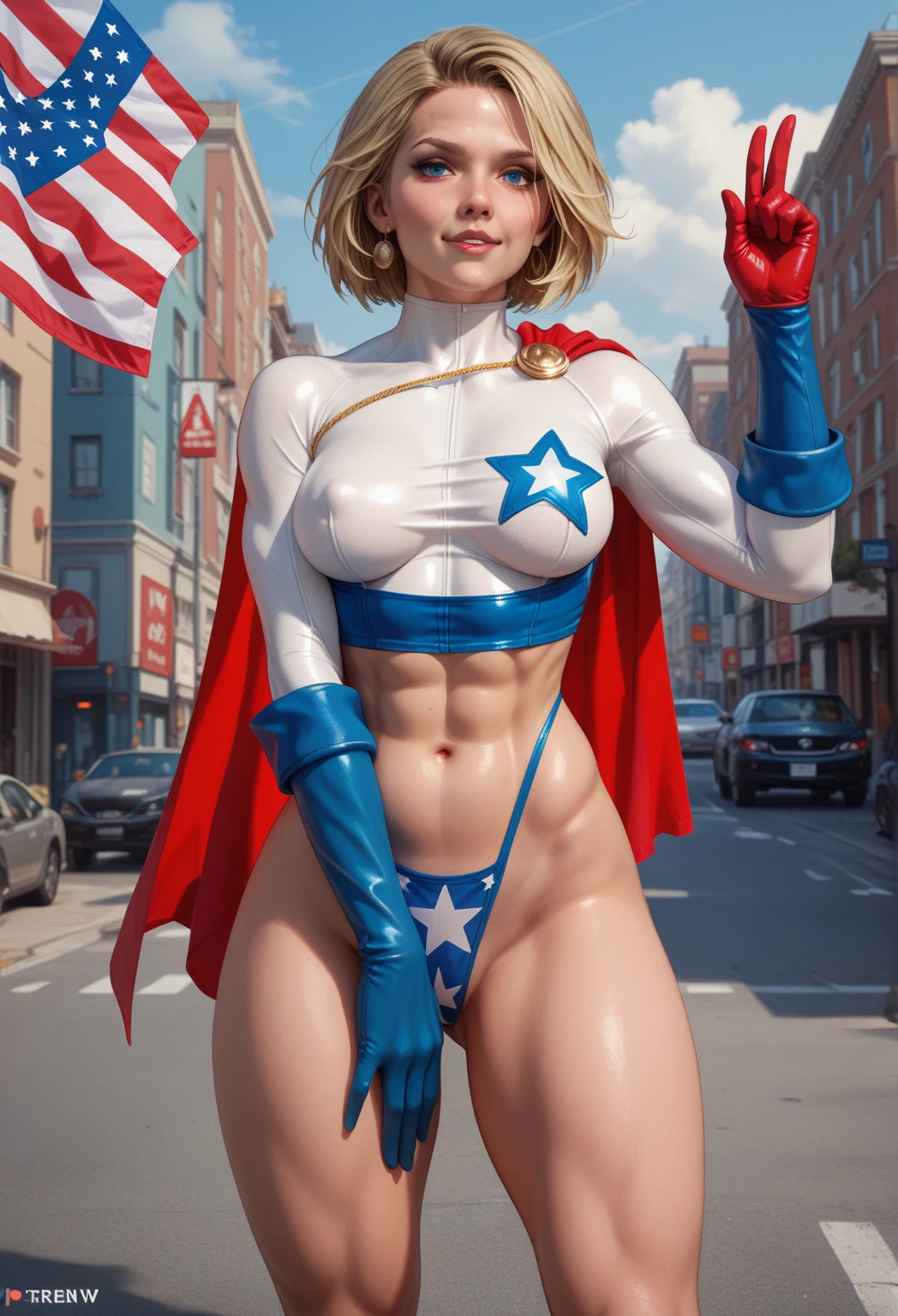 Masterpiece, 1girl, solo woman, full body, wide hips, narrow waist, Long Legs:1.5, Massive Female bodybuilder, (Huge Breasts:2), domino mask, american flag print, striped bodysuit, red cape,starandstripe, antenna hair