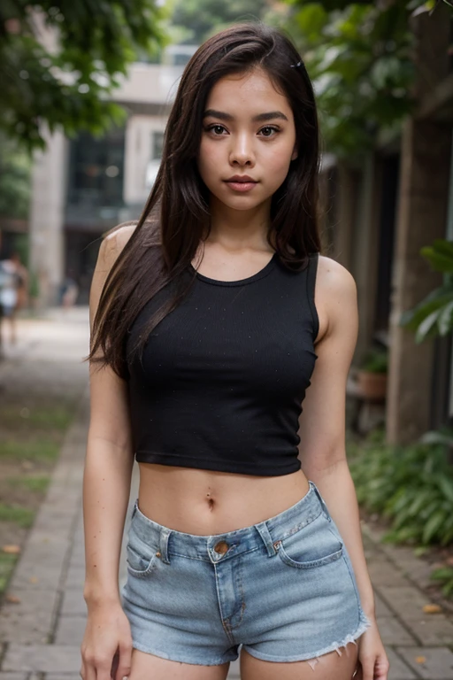 A teen girl with Indonesia face, approximately 16 years old. Standing. Wear skirt, visible panties, windy skirt, upskirt camera. (face view to camera)