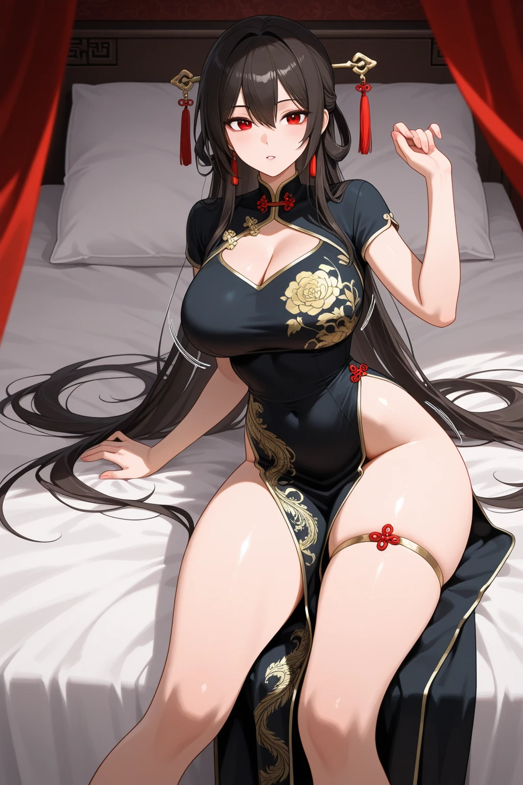 (High resolution), (32K), (very very highly detailed), (Best illustration), (beautiful and delicate eyes), (best quality), (super detailed), (master piece), (Detailed and delicate face), solo，Highly detailed face and skin texture，fine eyes，double eyelid，Spread your legs and use props、 embarrassing smile，shy face、spread legs，high details，Wear pin heels,(dynamic pose)，1 girl, black long hair , black eyes, long legs, (camel toe)，(((big breasts)))、Exposing genitals without wearing pants，camel&#39;s toe，The protruding PUssy ，cocked ass，I grew up sexy、((long china dress))、Forehead、best style