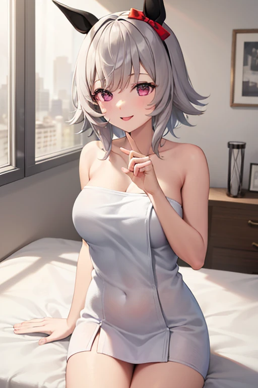 Chisato, 1girl, bangs, bedroom, short hair, smile, solo, sit, night dress, sexy pose, breast out, lingerie, garter straps, stocking, hands behind,