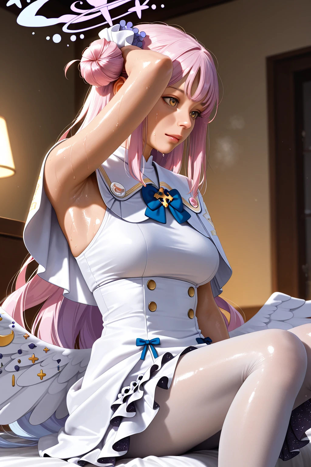 seraphine1, league of legends, pink hair, queen, nsfw, digital illustration, vibrant colors, soft lighting, perfect face, absurdres, ultrasharp, 8K, risque pose, big boobs, long hair, space buns, lolita dress, gothic