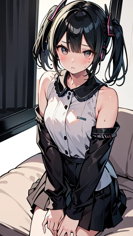 ((Highest quality)), ((masterpiece)), (detailed)　Cowboy Shot,　黒髪Long Hair　{{Small breasts}}｛{{slitの入ったロングスカート}}｝　Contemporary mature adult woman sitting in chair　officeカジュアル｛{{スレンダーなofficeレディ}｝Exposing shoulders　深いslitの入った膝下スカート　Long Hair　｛{{No sleeve}}｝office　｛{{No sleeveボタンシャツ}}｝　belt　slit　watch　Exposed arms　Focus on the feet　pumps　Knee-high socks