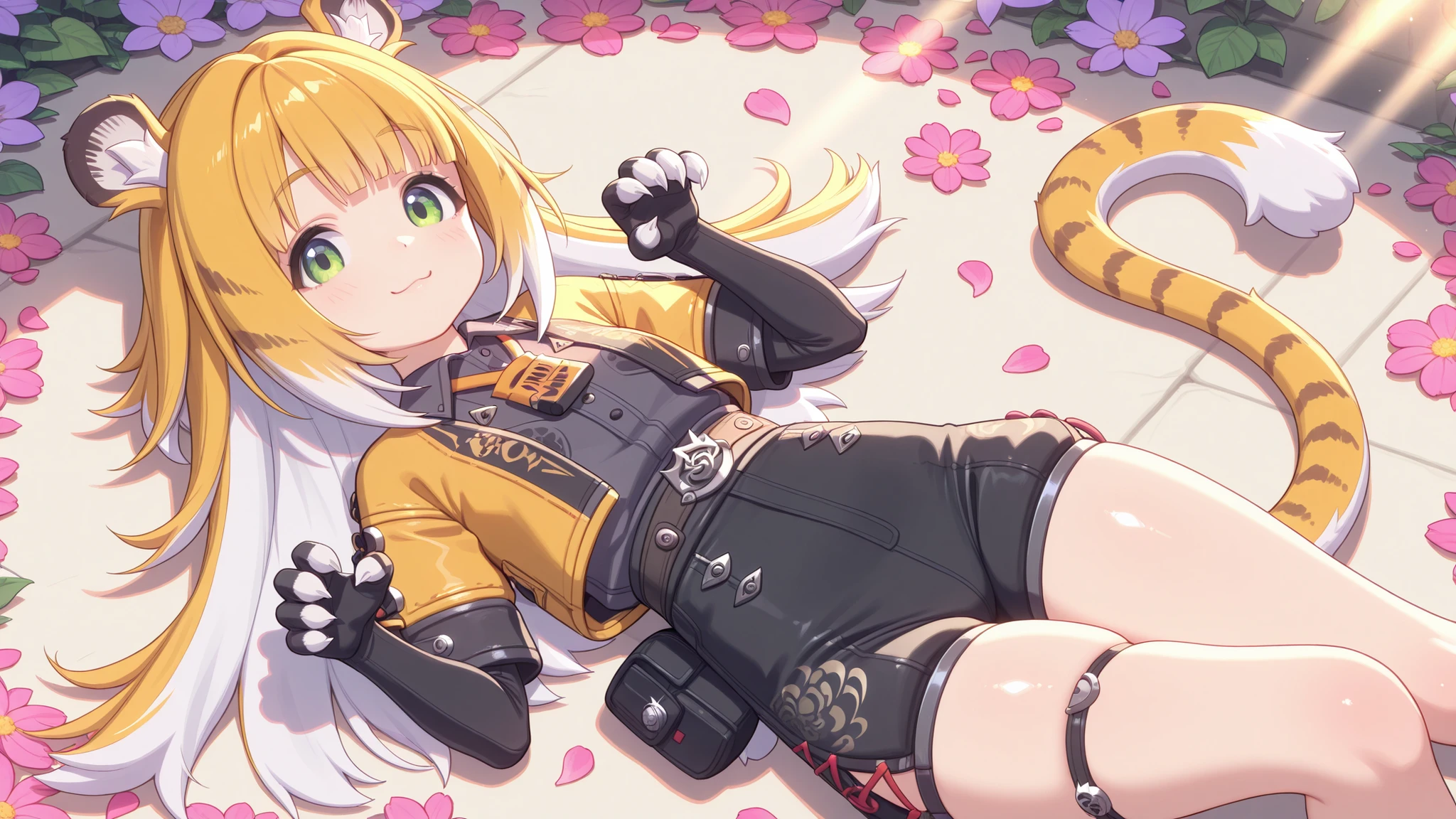 shiny skin, cat pose , lies on his back
JuFuFu,
Shine, Shine, sun beam, flower petals in the background
high angle, looks at the viewer,
sweet smile, shows claws,