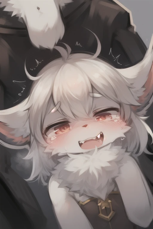 A male cat with light black fur with red colour eyes, wear student uniform with body trembling and Satisfied face with people play his body and his nipple, some semen mess on his body