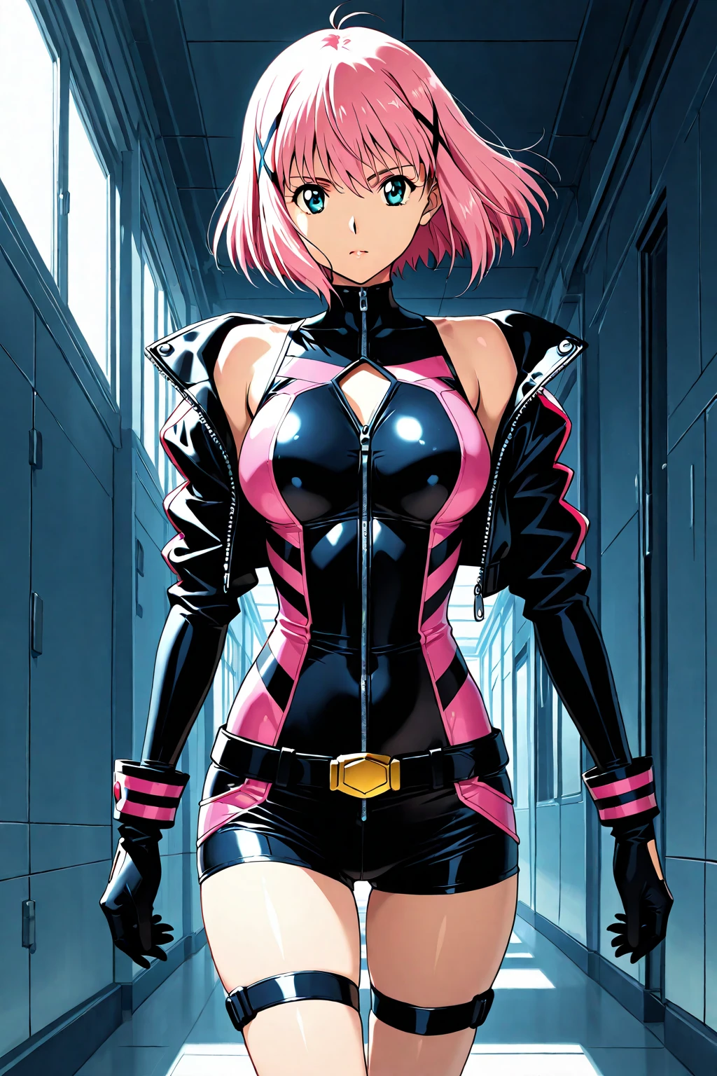 Illustrations of JellyTits' art style, 1Girl, blue_heads, long_heads, red_eyes, intricate eyes, Detailed Eyes, line of sight_focusing, black_blazer, The cyberpunk, Smile, Standing, black_Leggings, pink_Shorts