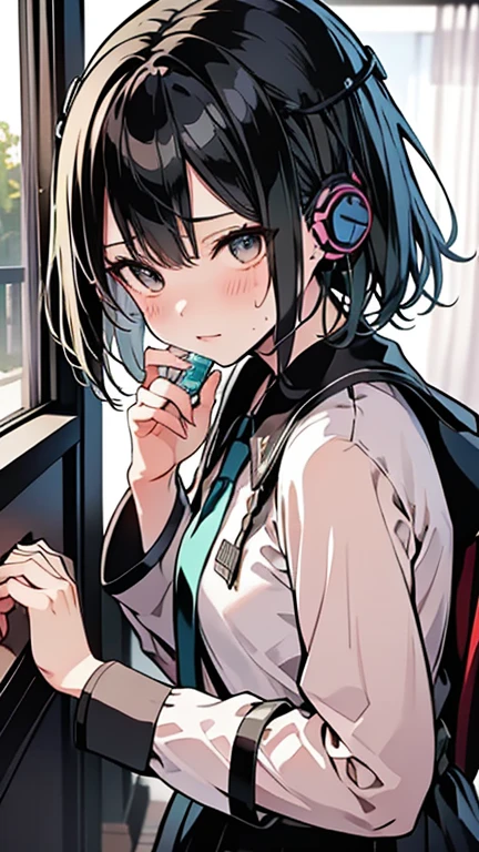 Full body portrait、Secretary Woman、tight 、Lace 、Sitting on a train chair、Black hair twintails、ribbon