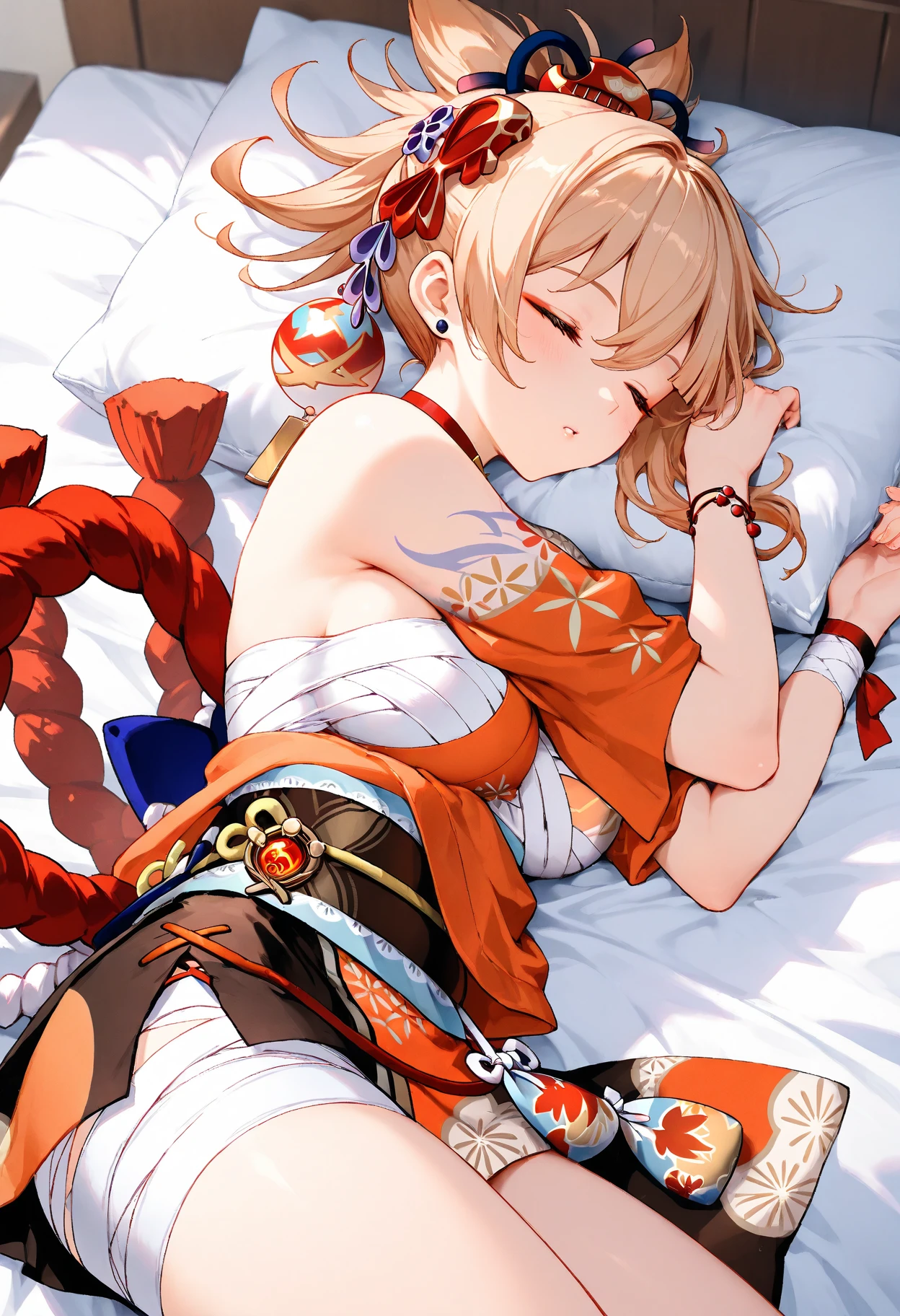 1girl, yoimiya \(genshin impact\), genshin impact,bedroom,lying on a bed, bondage,gaged,ballgag,rope,hand behind back,masterpiece,very aesthetic,newest,
