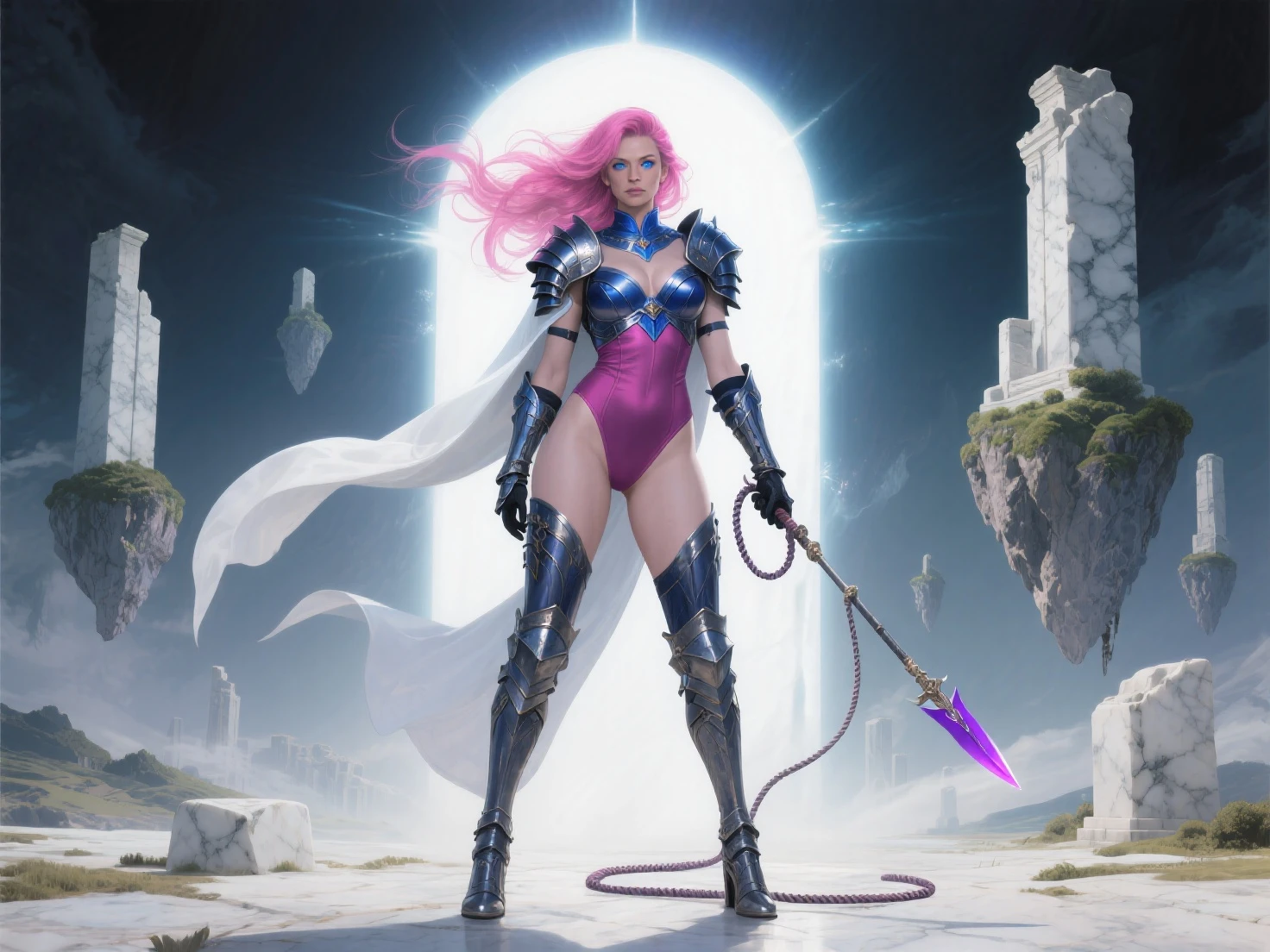 
A woman in a white bodysuit with pink hair and a sword

