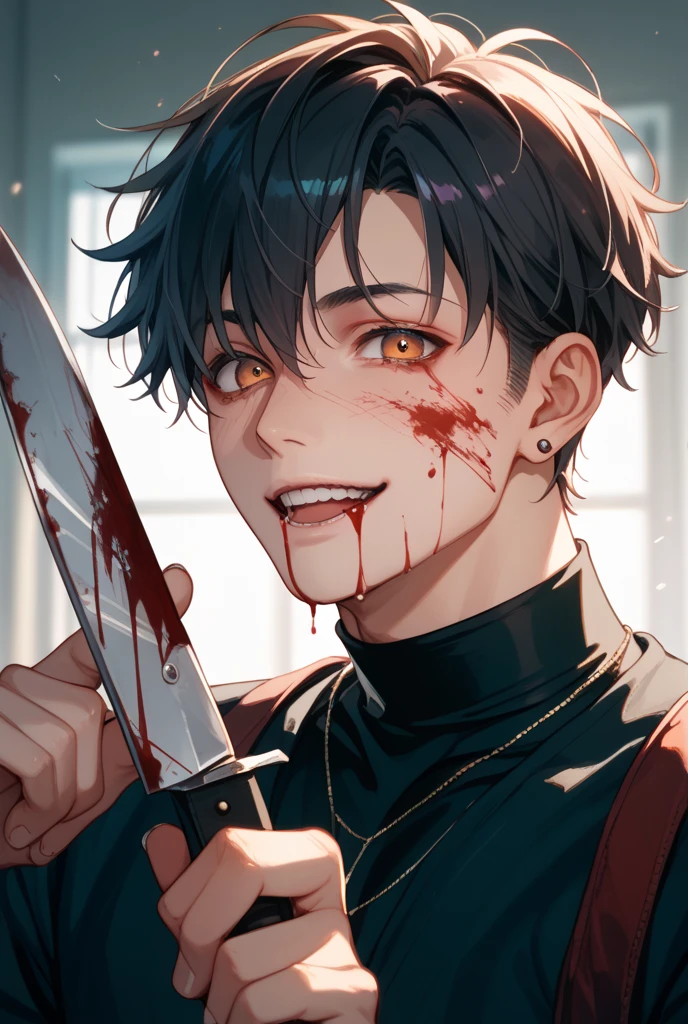 Bloody anime girls in sadistic position licking a knife
