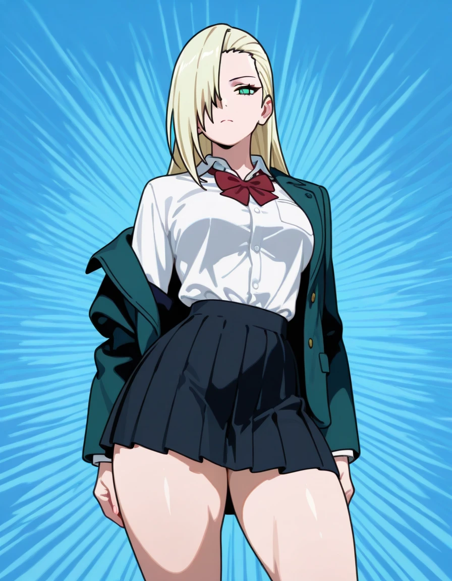 masterpiece with Himiko Toga in an explicitly sexualized and obscene version. Her uniform is not only tight, but also scandalously short, revealing bare thighs beneath a plaid skirt that barely covers her buttocks. The white blouse became a low-cut, sleeveless dress, accentuating the cleavage so much that it was almost exposed for everyone to see. Her school socks extend to her hips with red vertical stripes, making every curve of her legs look incredibly tempting. She wears a pair of small scarlet red panties underneath, which give an alluring view of the curvaceous contour of her hips and rounded back, as she stands confidently while striking an obscenely suggestive pose, spreading her thighs wide, without any fear or restraint of any kind. species. In this steamy scenario, she leans back provocatively with a wild and messy hairstyle, looking at the viewer with eyes full of lustful desire as she licks her moist lips seductively, trying to draw attention to herself, as if nothing else matters in the world. besides herself. present as a complete toy waiting to be explored by any avid