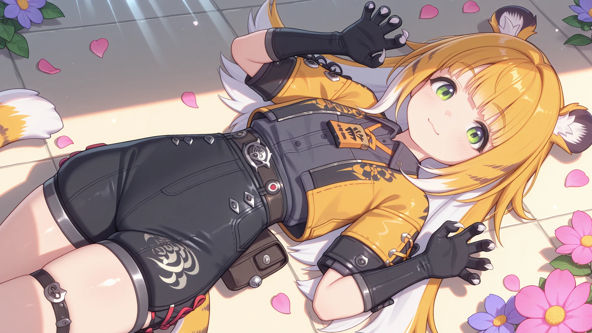 shiny skin, cat pose , lies on his back
JuFuFu,
Shine, Shine, sun beam, flower petals in the background
high angle, looks at the viewer,
sweet smile, shows claws,