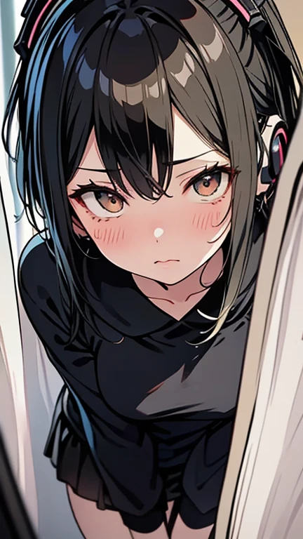 1 girl, above shoulder long black hair, big black sweater, The D cup bust, black facemask, sitting on bed, staring at camera, 22 years old