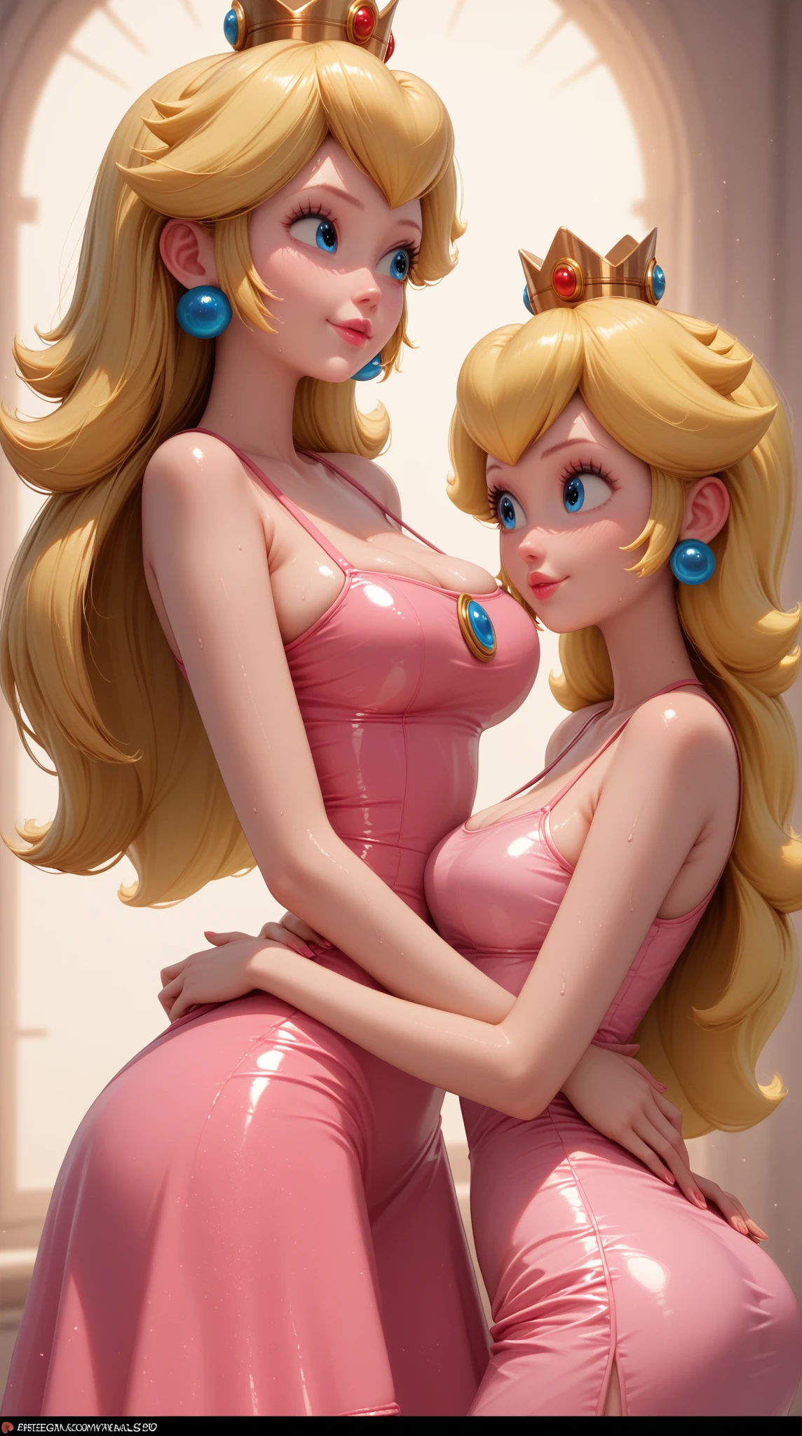 STICKER, (Solid Outline:1.3), (masterpiece:1.2), (NSFW:1.2), A detailed illustration of a vivid Sexy Princess Peach from Mario naked, pink thong, bare breasts, erect nipples, ass view, Solo Female, medium breasts, full cleavage, white arm gloves, Full Body View, high heeled boots, large crown, no background, shoes visible, vintage t-shirt design, in the style of hand drawing, 3D vector art, fantasy art, watercolour effect, Adobe Illustrator, hand-drawn, digital painting, low-poly, soft lighting, isometric style, retro aesthetic, focused on the character, 4K resolution