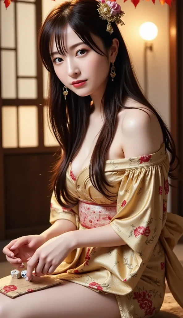 (( in a front a painting, terrace, buy hairstyle, standing, red sexy dress, cleavage, good hands, thighs)), (masterpiece),((ultra-detailed)), (highly detailed CG illustration),(expressionless), (best quality:1.2),(1girl),High quality texture, intricate details, detailed texture, High quality shadow, brown eye pupil, depth of field, perspective,20s, (big eyes:1.2),blush,perfect body, Natural big breast, distinct_image, (HQ skin:1.3), solo focus, (brown hair), ((medium hair)), ((Close up shot))