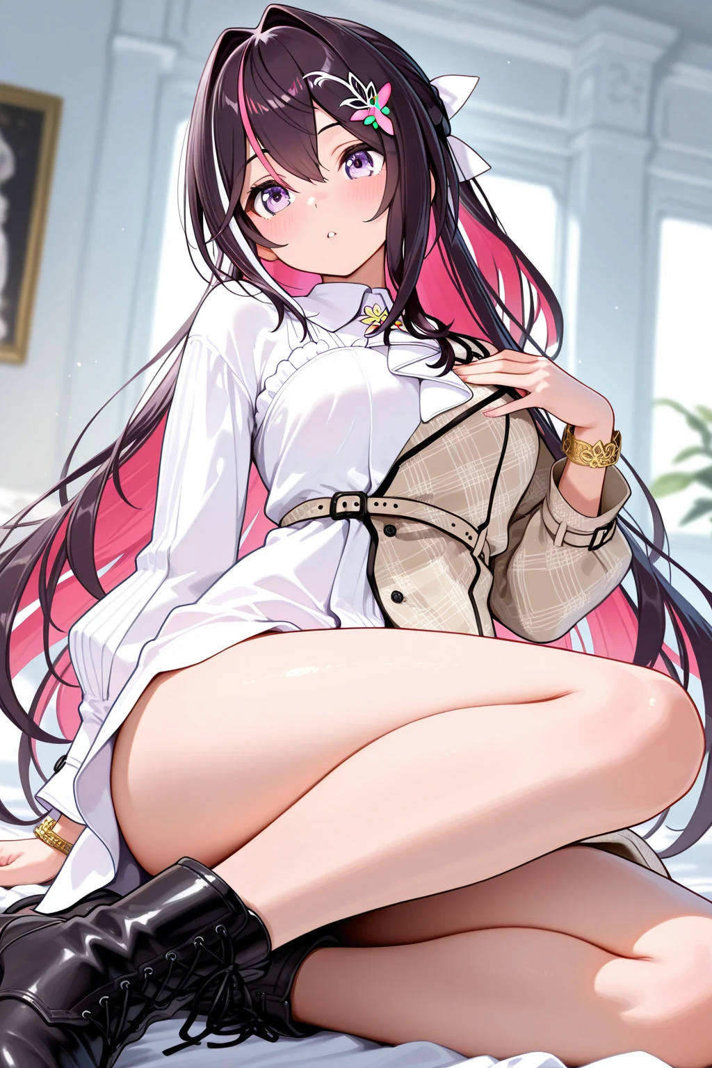 azki_(hololive), 1girl, solo, multicolored hair, pink hair, purple eyes, black hair, hair between eyes, white dress, brown dress, brown jacket, jewelry, long sleeves, x hair ornament, bangs, bracelet, long hair, streaked hair, hairclip, large breasts,,,,(masterpiece),(best quality),(ultra-detailed),(best illustration),(best shadow),(absurdres),(very aesthetic),(detailed background),,in narrow bedroom,dim lighting,under lighting,,standing,aged up,(aged up:1.5),ennui,pucker lips,half closed eyes,skirt lift pov,from below, lifted by self,(skirt lift,showing panties:1.5),holding skirt,