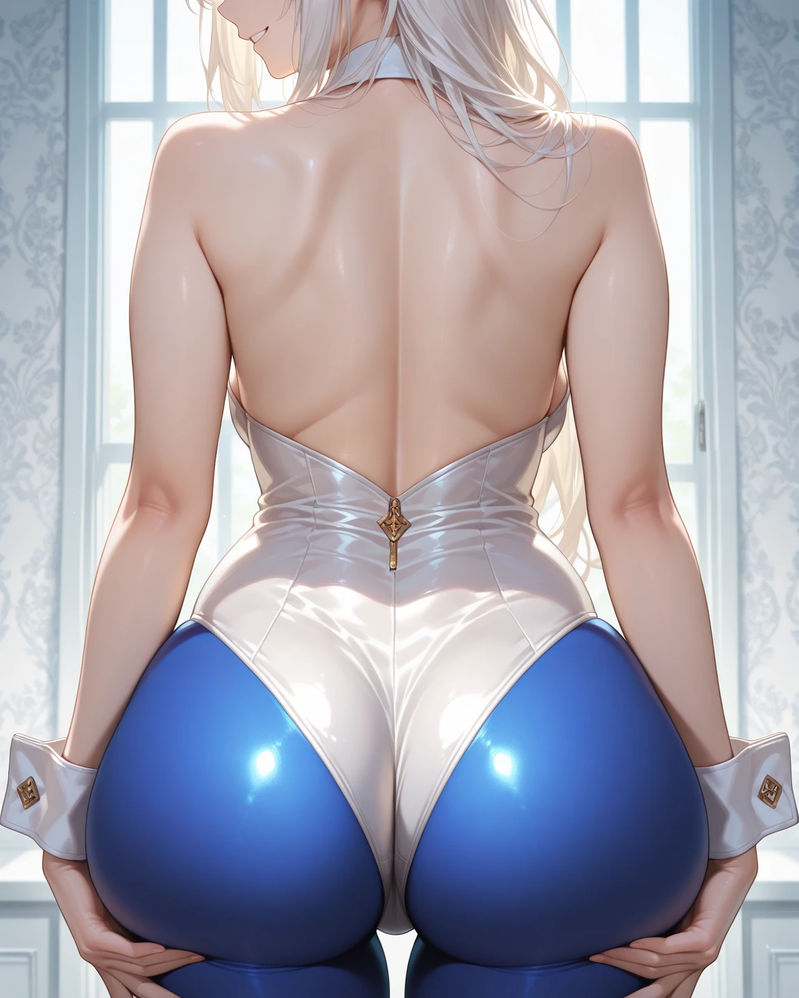 chica nordica, piel blanca, pelo naranja medio, con flequillo rebelde. Llevaba un elegante vestido azul.. zapatos blancos. high heels the most beautiful woman in the world, NSFW, grande , grande ass