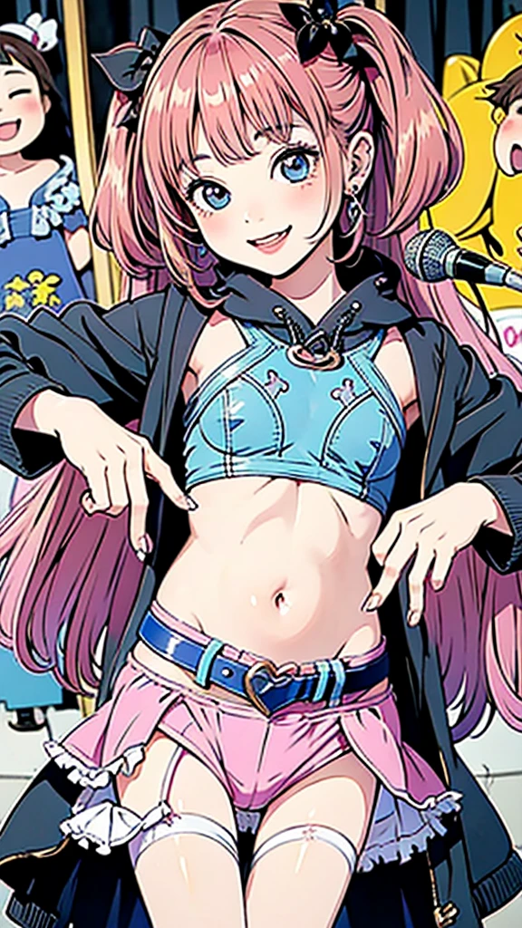 A smug narcissistic pink haired woman wearing a pink bra and blue pants and lots of jewelry flaunting herself