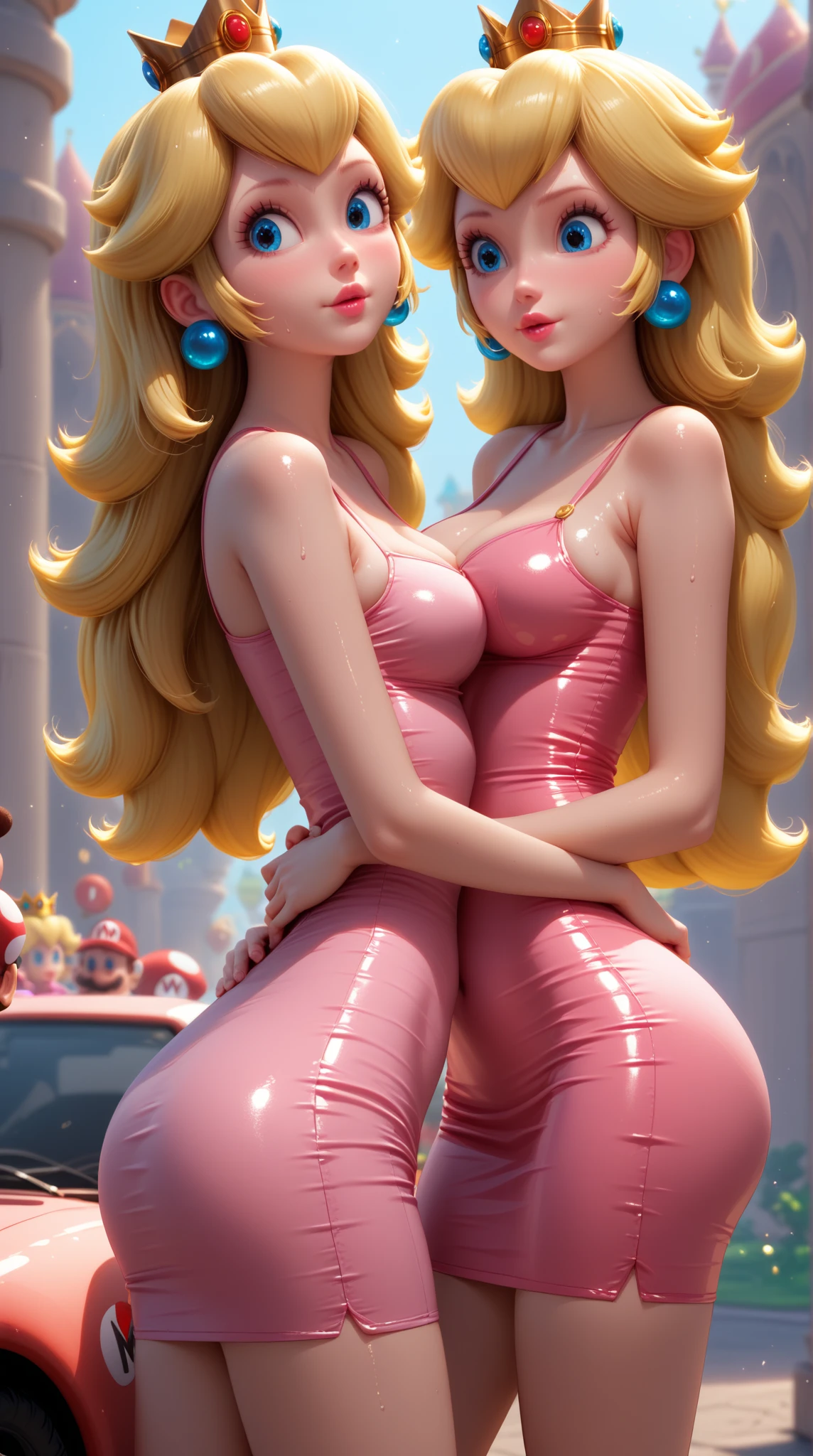 STICKER, (solid outline:1.3), (NSFW:1.2), A detailed illustration of a vivid Sexy Princess Peach from Mario kneeling down, bare breasts, pink thong, face view, Solo Female, big breasts, small golden crown, erect nipples, Full length View, high heeled boots, shoes visible, white gloves, no background, zoom out, centre model, vintage t-shirt design, in the style of hand drawing, 3D vector art, fantasy art, watercolour effect, Adobe Illustrator, hand-drawn, digital painting, low-poly, soft lighting, isometric style, retro aesthetic, focused on the character, 4K resolution, photo realistic rendering, using Cinema 4D,