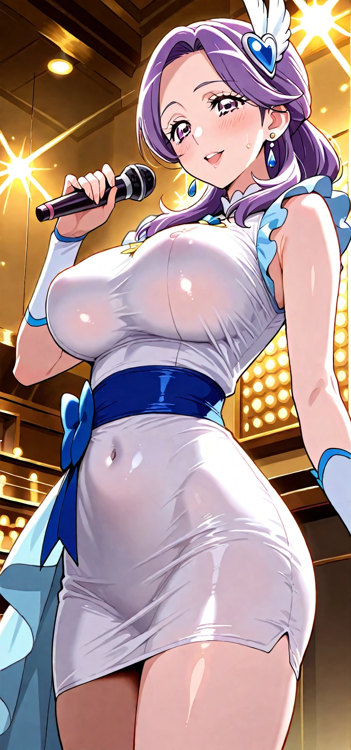 (best quality,1.2), table top, cowboy shot, alone, 1 girl, more Campbell, mischievous smile, looking at the audience, star hair accessory, skirt, gloves, very large breasts, (accentuated nipples:1.5), (spread female genitals:1.5), (wide open legs:1.5), (heart pasties:1.3), (nude), (see-through wear:1.2), (shiny wear)