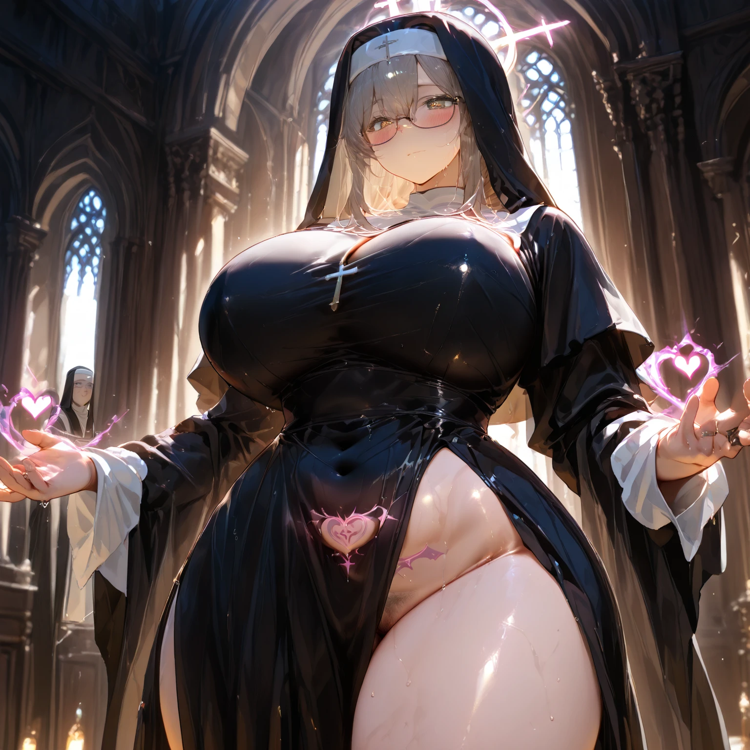 solo 1 praying num standing in church, praying with holding hands together over chest, very thin, long (black sheer nun's robe:1.3), wearing nothing under (black robe:1.3), (huge breasts:1.2), black (sheer long skirt:1.1), inconceivably thin waist, closing eyes, nose blush, open mouth, (heavy breathing:1.2), stained glass, full body, 8k
