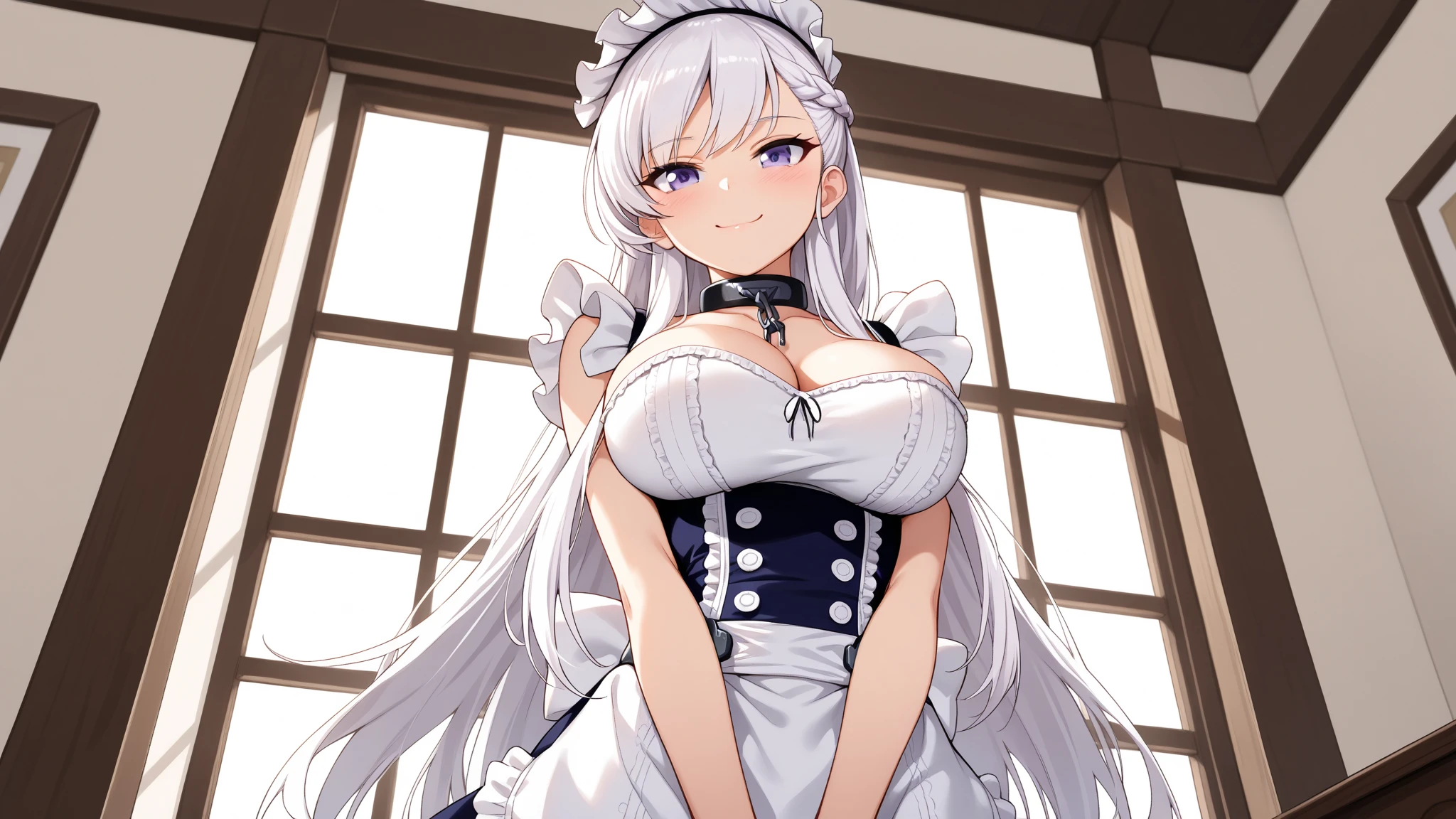 alta calidad, Obra maestra, Ultra detallado, maid, 1girl, solamente, peaceful expression, Cabello largo y blanco, Encantadores ojos azules, Orejas de neko, ridiculously large breasts, mostrando tetas desnudas, tetas desnudas,piel brillante, dormitorio,tetas enormes.