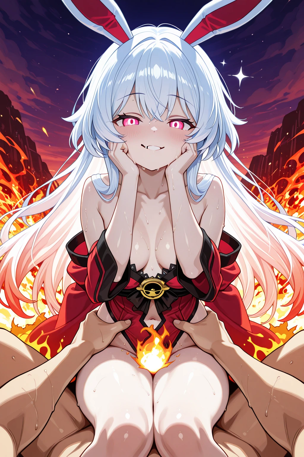 12 years old girl, completely nude, silver hair, (((vulgarity))), evil smile