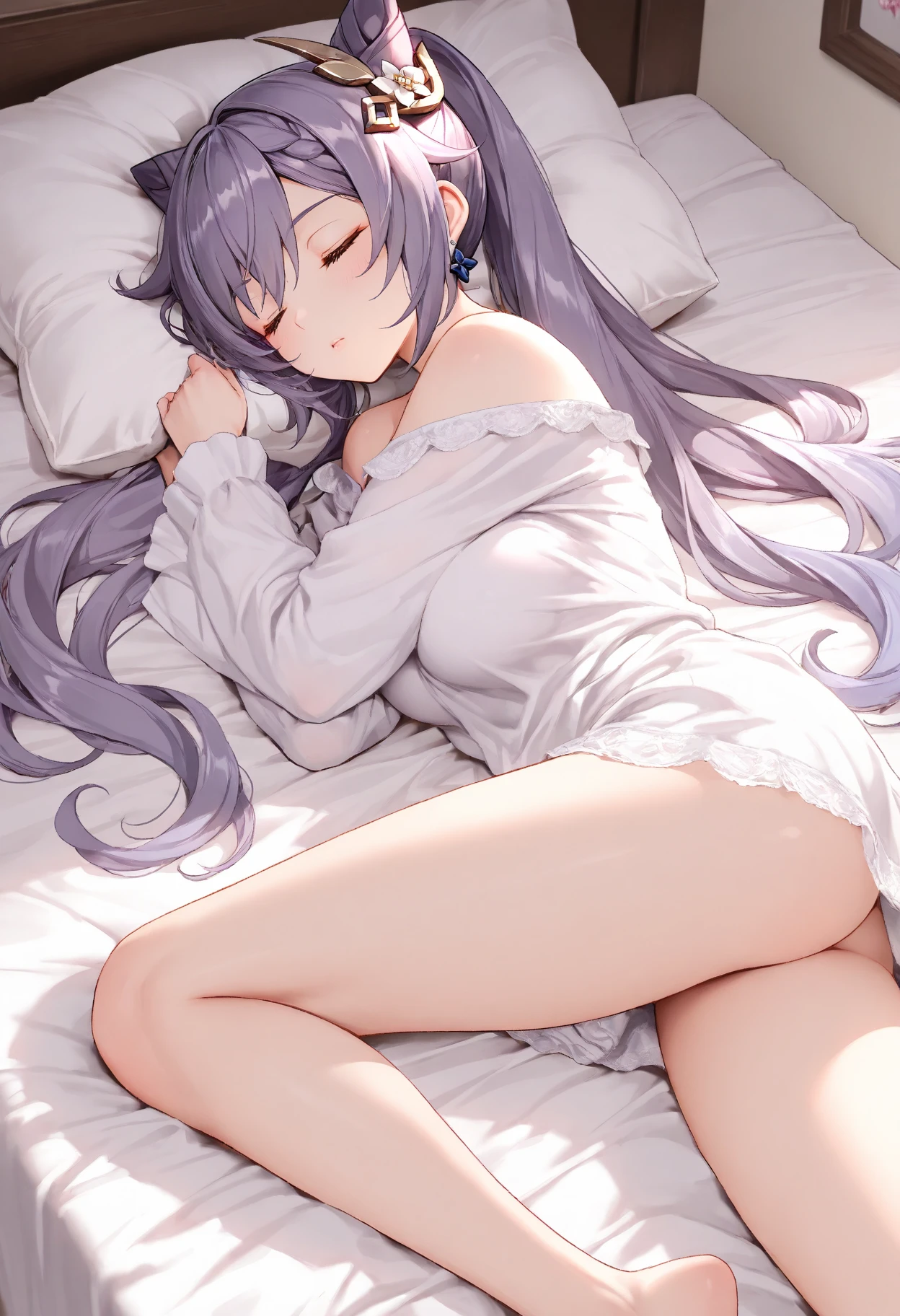 (8k, 最high quality)、超High resolution、adorable、最high quality, beautiful, Absurd beauty,(最high quality,8k,High resolution,masterpiece:1.2),Super detailed,Vibrant colors,Soft Shadows,Beautiful brushwork,Attention to detail,perfect render,rich skin tone,Expressive eyes,Captivating Expressions,Golden shades,(1boy, penis, lying, vaginal, ass pov, sex, nsfw)、Has long, curly, light grey hair, violet eyes, A headband decorated with pearls and violet camellias, White shirt, Floral dark blue hemline、 (cryin) ,Cute Characters, Most detailed, high quality、(missionary, 1boy, penis, lying, vaginal, ass pov, sex, nsfw)、nose blush、steam、Oblique angle、Shiny Hair、Very fine and beautiful bright eyes、be scared、Very detailed, clear and beautiful face, Being stripped of clothes、No clothes、Slender body、Awards, Anatomically correct、((Scared))