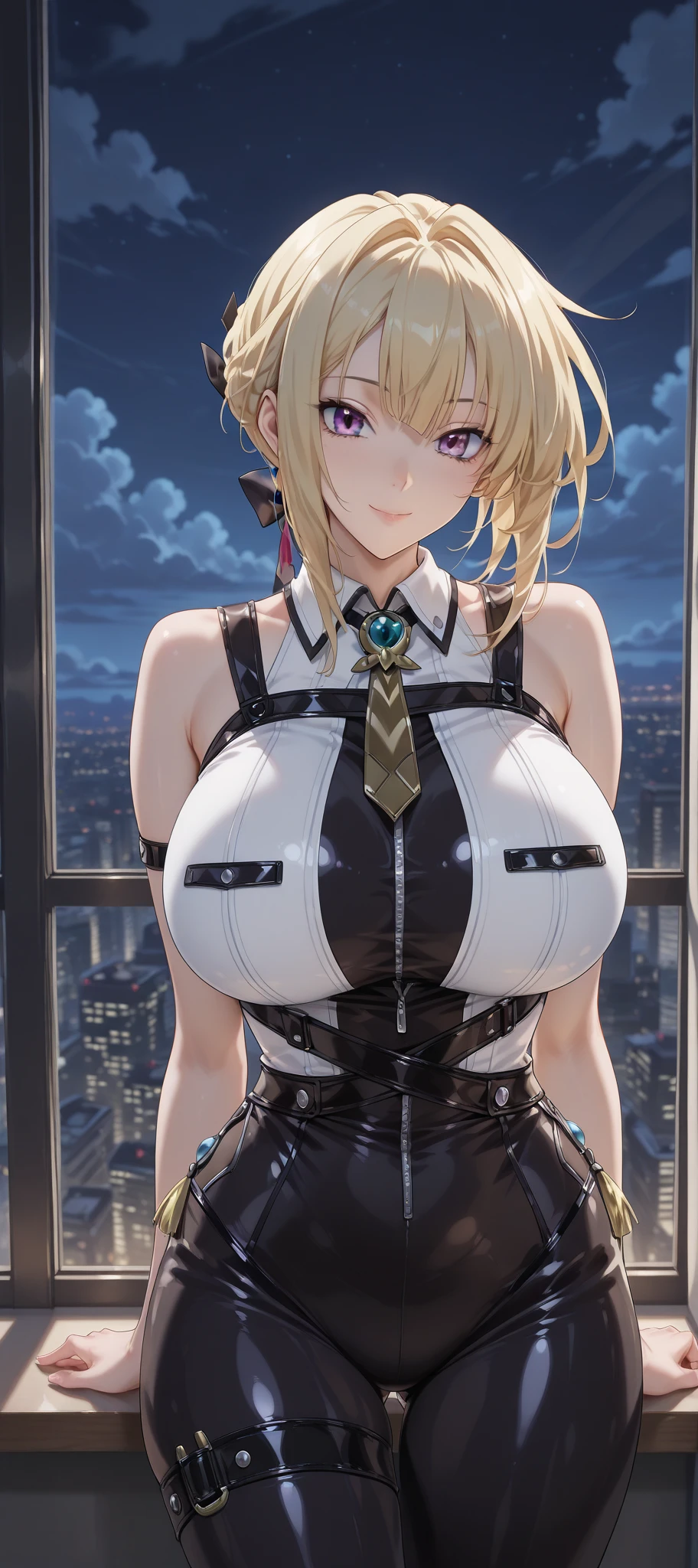 1 girl、masterpiece、Beautiful lighting、Beautiful face in every detail、Beautiful eyes in every detail、High resolution、Ultra-fine Illustration、Very delicate and beautiful、highest quality、The whole body is projected、From the feet、(:1.2), solo, 30th Generation,((Dark skin:1.3)), (Blonde, Blunt bangs ,ponytail,Red eyes),, Curvaceous, (Shiny Hair, Gloss Eye, Glowing Skin), smile, smile, (Glowing Skin:1.7), 、Knee socks、High leg、、((Sailor suit)),Tight fitting clothes、latex、Short skirt、In uniform、I can see my belly button、Pelvic Curtain、Underarm、smile、黒のKnee socks、Observe your audience、Under the chest、Blushed、Sweat、gem、Thick thighs、Part your lips、pantyhose、Blushing、pin heel、(((Golden lighting)))、(The waitress sits on a large white sofa and serves customers.、POV, Sit next to me)、(Sharp Face, Sharp expression and eyes),(sit right next to:1.5)、(((Big Breasts、Big cleavage)))