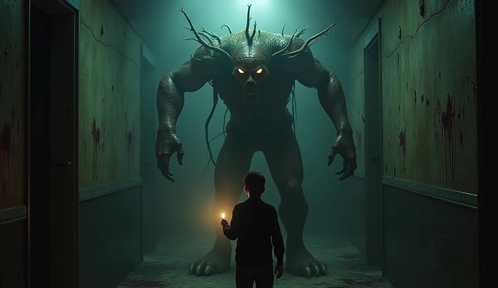araffes in a dark room with a man standing in front of a door, white ghosthulk, highly detailed surreal vfx, cgi clay sculpture, cgi art, still from stranger things movie, fantasy and cosmic horror movie, ??? playing with slime monster, still from stranger things, still frame from a movie, still from a music video, cgi special effects --auto --s2