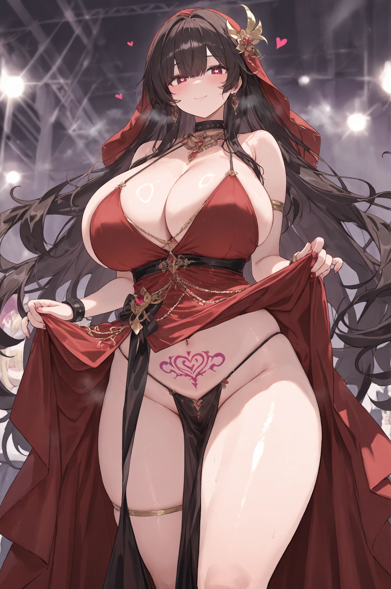 cabelos preto e longos,red color eyes,Girl in black bikini,fluffy chest,,Hair is scattered。Issuing,Long thin ponytail,huge tit,white stockings,Seductive action,Loving pupils,Astringent expression,