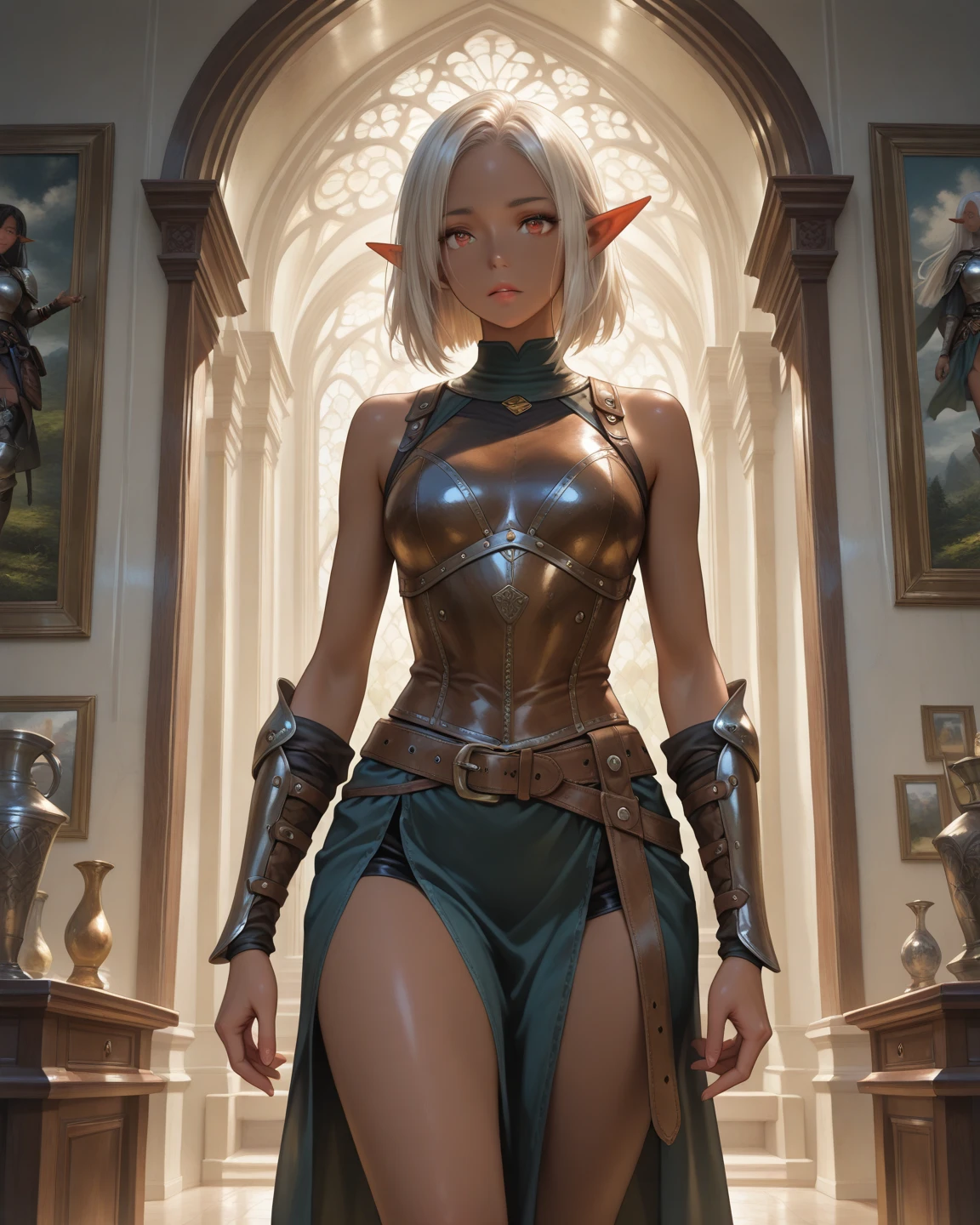 best quality, 4k, artwork :1.3, sexy skinny teenage elf, with torn clothes, with her tits and pussy showing, short white hair, high quality skin, high quality body, double eyelids, long legs, 1 girl , Ultra-detailed face, Professional Lighting