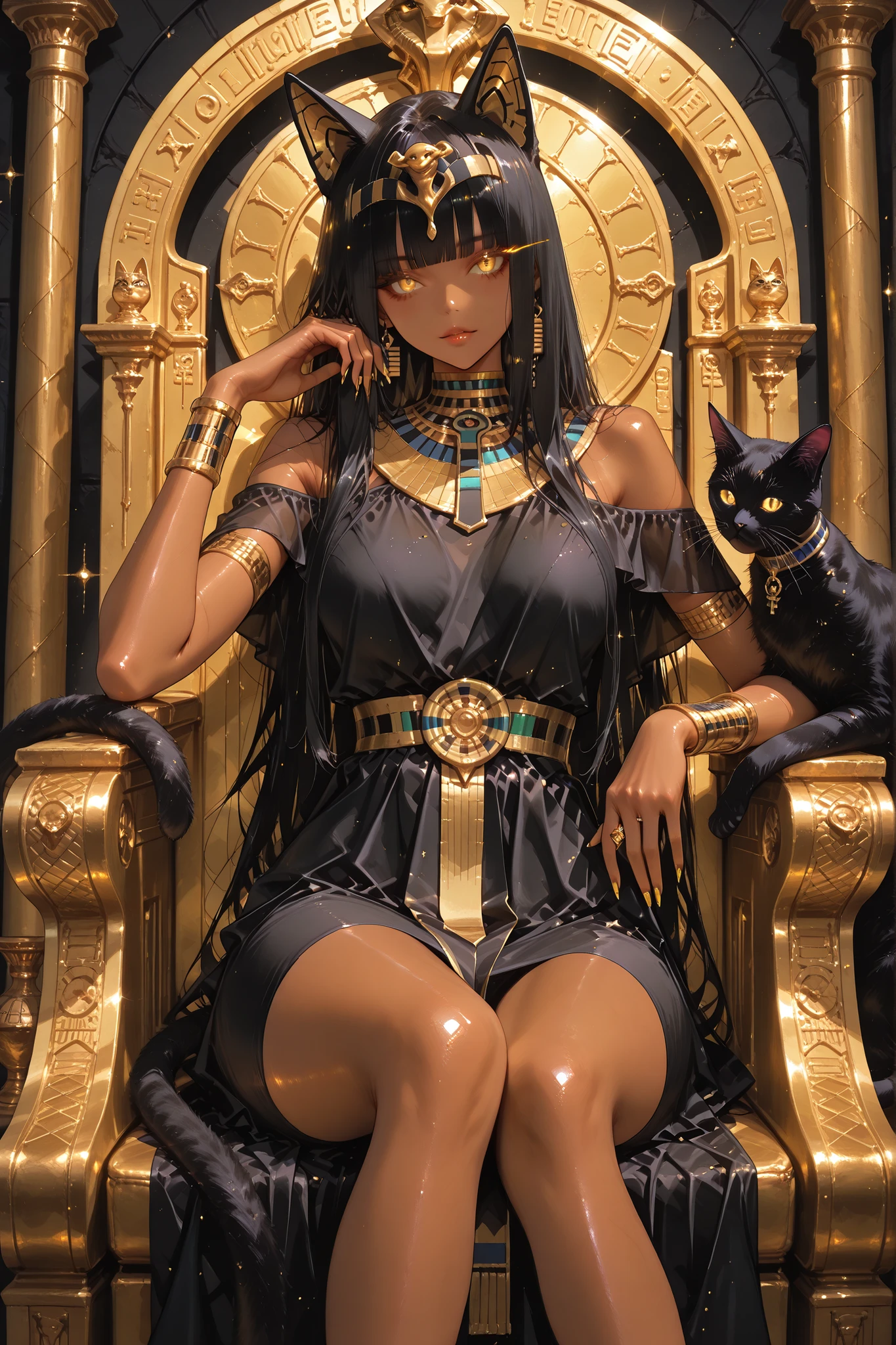 masterpiece, best quality, very aesthetically pleasing, high contrast, newest, 1 divinely beautiful girl, black hair, cat ears, cat tail, egyptian woman, tan skin, golden eyes, glowing eye, long hair, free flowing hair, golden clawed nails, sharp elongated nails, one off-shoulder dress, black dress, reoen, looking at viewer, in love, night theme, shiny hair, sitting on throne, luxurious Egyptian throne, (((one black egyptian cat sitting on the right arm rest))), right hand caressing the head of the cat, left hand on left arm rest, inside a grand throne room, dynamic angle, dynamic composition, bright colour, soft glowing lights, rich color palette, cinematic composition, The next level is sophistication and refinement, super detailed, more texture, glitter brightness.