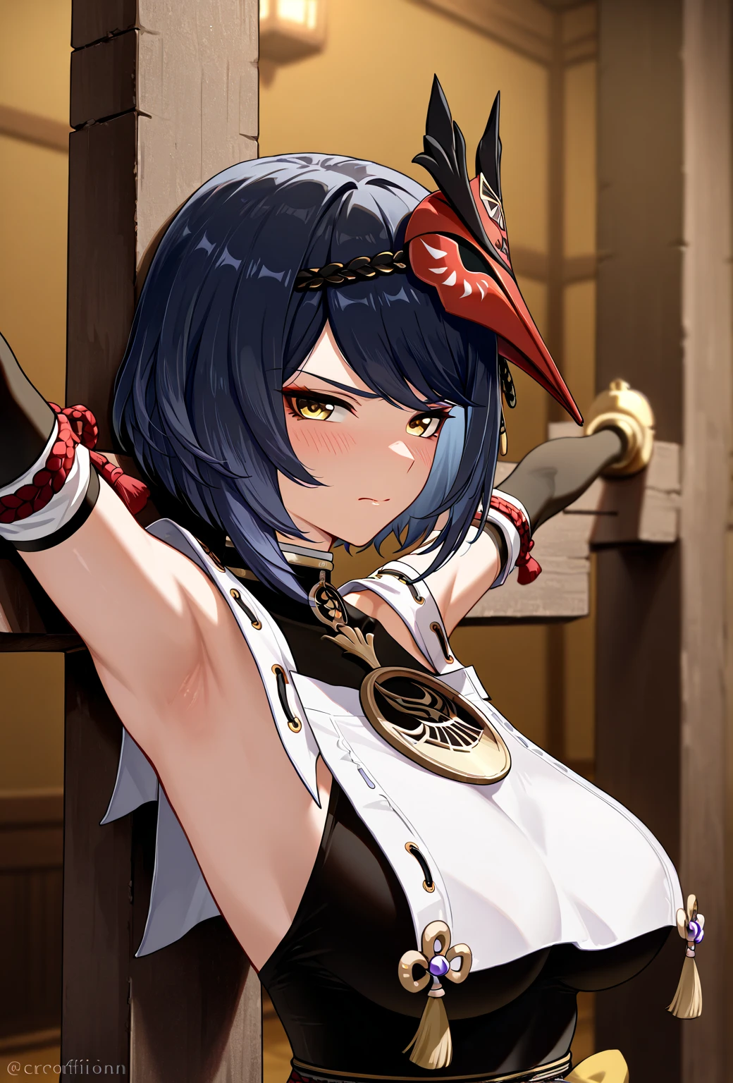 Create a character in the style of One Piece, very powerful, with a hat and a sword