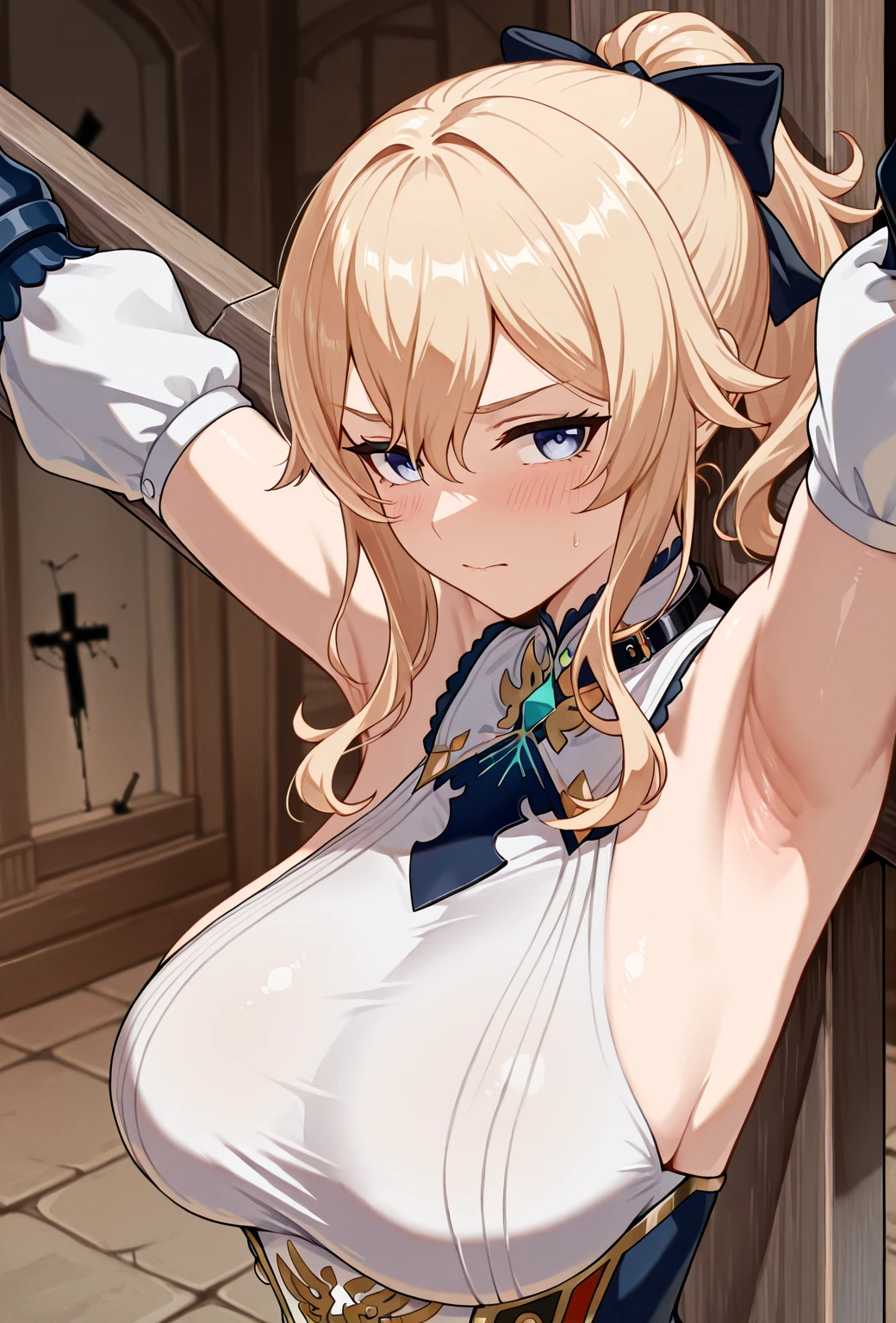 {{{masterpiece}}}, {{{best quality}}}, {{ultra-detailed}}, {nsfw}, {{an extremely delicate and beautiful、 beautiful detailed eyes}},(shibari, turn your arms behind your back:1.4), (chastity belt:1.5)(put your hands behind your back)blonde、half up、red eyes、small curve 1.2、cute 、Completely naked:1.5、See-through、wedding veil、church background、shibari, turn your arms behind your back,Sweat、ahegao:1.5、My pussy feels good、My crotch gets wet、lots of orgasms、open your mouth wide、cinematic angle:1.5、