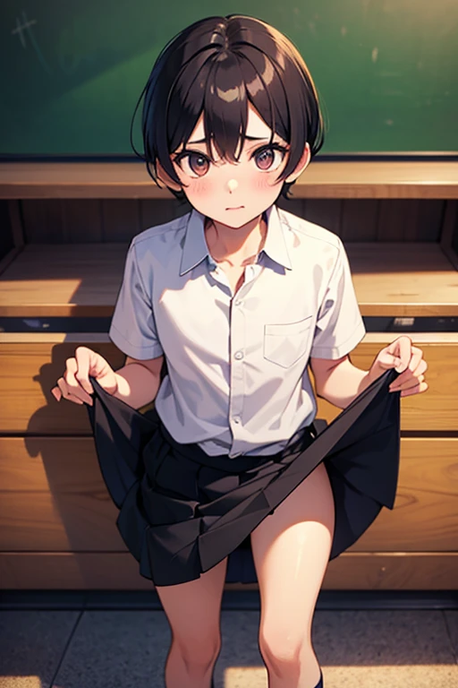 Black Hair、short hair、Short Ponytail、Blushing、Embarrassed、Take off your panties、、School classroom、blackboard