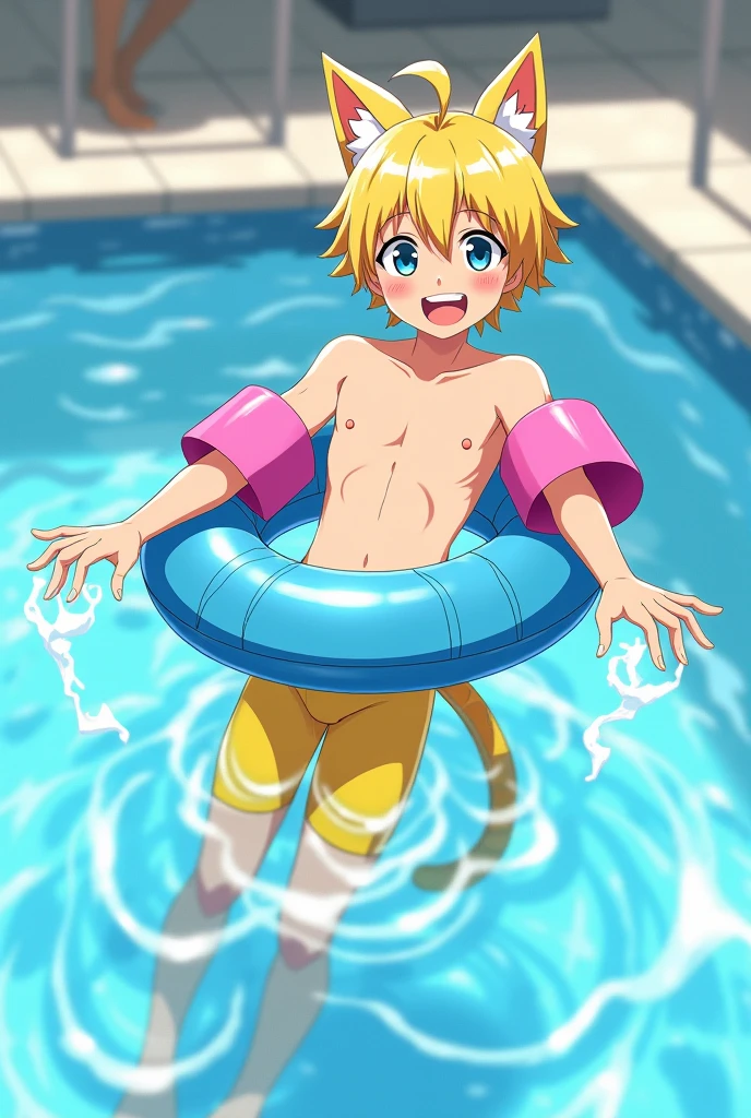 (Masterpiece), (Best Quality), ((Highly Detailed)), Link from botw, medium hair, blond hair, blue eyes, blue earrings, full body, male, boy, at home, lying in the bathtub, horny, bulge in the crotch, 4k, 8k, anime style