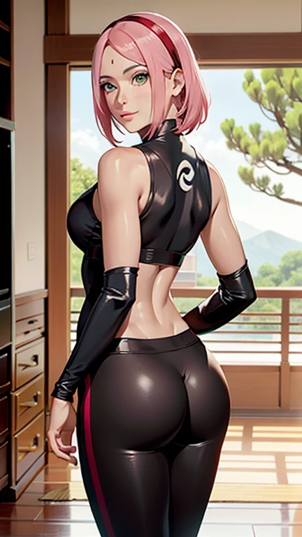 (masterpiece, high resolution, photorealistic:1.3), Sarada Uchiha, now 18 years old, indulging in a moment of relaxation at home, (enticing setting:1.2), clad only in a revealing thong that showcases her exquisitely sculpted and voluptuous buttocks, (barely-there top:1.1), delicately covering her ample and alluring bosom, (Leaf Village ninja headband:1.2), proudly adorned, her eyes ablaze with the intense crimson hue of the Sharingan, (aspiring for a captivating capture:1.1), she glances back to capture the perfect shot of her stunning back, (flawless lighting:1.2), casting a soft radiance on her flawless form, a perfect play of shadows and highlights, an aura of self-assurance and allure emanating from her pose, (sublime ambience:1.2), embodying grace and confidence, the harmonious balance of strength and beauty, an exquisite fusion of the Uchiha legacy and her own unique allure, this moment frozen in time encapsulates Sarada's blossoming into a formidable ninja and a mesmerizing young woman. With the use of depth of field (DOF), super-resolution, and high megapixel rendering, every element comes to life with cinematic lightning and anti-aliasing techniques like FKAA, TXAA, and RTX. The addition of SSAO (Screen Space Ambient Occlusion) and various post-processing effects in both post-production and tone mapping elevate the visual quality to a whole new level. With the use of depth of field (DOF), super-resolution, and high megapixel rendering, every element comes to life with cinematic lightning and anti-aliasing techniques like FKAA, TXAA, and RTX. The addition of SSAO (Screen Space Ambient Occlusion) and various post-processing effects in both post-production and tone mapping elevate the visual quality to a whole new level.