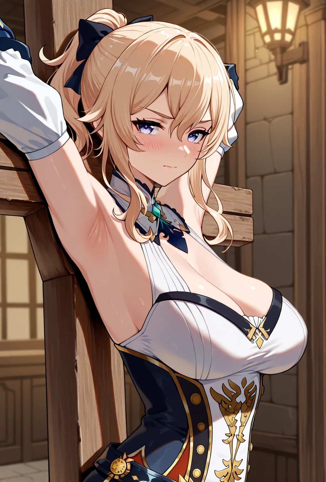 Gray translucent armor，Arm mecha，blonde short hair，Long ponytail hairstyle，Large Breasts，Cleavage，Pistol hanging from waist，fighter pilot，fighter hangar，Sexy，Lipstick，miss，Golden Eyes，stockings，Short skirt，Smile，red glasses