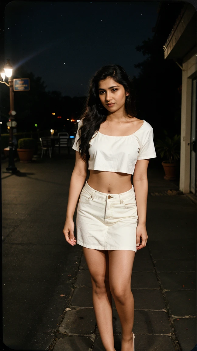 Create a  full image of a sharp face   cute and lovely indian women age is 16  years old ,she have  big emerged    and Slim waist , looking so pretty  ,model and Indian cultured 
And she wears a white cap  black   top, white skirt,white  sneakers, body looks hot sexy , background   staning on the mall stairs ,night view  ,textured skin realistic and looks like a indian girl.