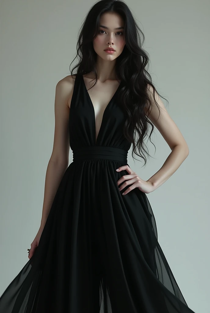 Beautiful girl, black hair, black dress, realistic
