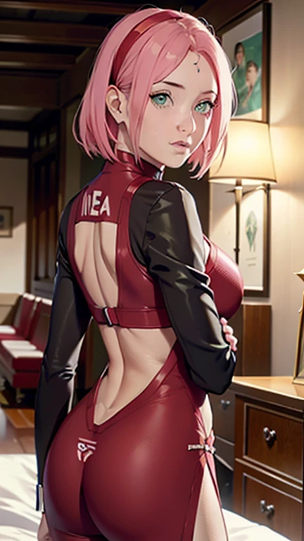 (best quality:1.3), (4k quality),(sharp image), Sakura, ((Detailed face)), ((masterpiece face)),((perfect detailed eyes)) (blush), Sakura, (((pink hair, short pink hair))), green eyes, pink lips, pink lips, sly face, face with stern features, ((detailed face)), perfect face, highly detailed eyes, masterpiece, absurdres , (intricate details), (colorful),cinematic lighting, extremely detailed CG unity 8k wallpaper , 1girl, solo, mature female, erected tits, fit body, cameltoe , ((red glitter micro bikini)), (tricky glance, wicked smile), ((bathroom)), ((perfect small erected breast))((fit slim body)), standing and showing her ass, from behind