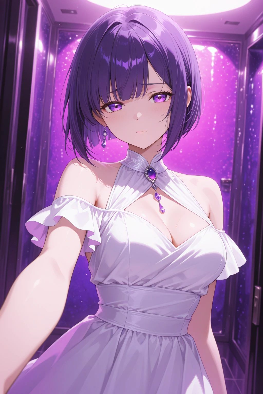 1girl, Senjougahara Hitagi, monogatari (series), masterpiece, best quality, be avoided, soft vintage lighting, vintage glamour style, 1950s-inspired high fashion, elegant retro pose, classic Hollywood setting, purple hair clothing:
Figure-hugging purple satin evening gown with a sweetheart neckline
Mermaid silhouette with a subtle train
White fur stole draped over shoulders
Elbow-length white satin gloves
Crystal-encrusted high heels in a matching purple shade
髪型:
Voluminous purple hair styled in classic 1950s soft curls
Deep side part with a dramatic sweep
Subtle silver highlights for added dimension
アクセサリー:
Elaborate diamond necklace with a large amethyst centerpiece
Matching amethyst and diamond drop earrings
Thin diamond tennis bracelet over the gloves
Vintage-style cocktail ring with a large, Emerald-cut amethyst make-up:
Flawless matte complexion
Dramatic cat-eye liner with a subtle purple shimmer
Full, fluttery false eyelashes
Bold red lipstick in a matte finish
Softly arched, well-defined eyebrows pose and environment:
Elegant pose on a vintage chaise lounge
Classic Hollywood vanity with lit-up mirror in the background
Champagne bucket with a bottle and two glasses nearby
Velvet curtains and Art Deco elements in the decor
小物:
Small, beaded evening clutch in silver
Long, slender cigarette holder (unlit, for aesthetic only)
Vintage perfume bottle on nearby table
Classic film scripts scattered artfully on the vanity
