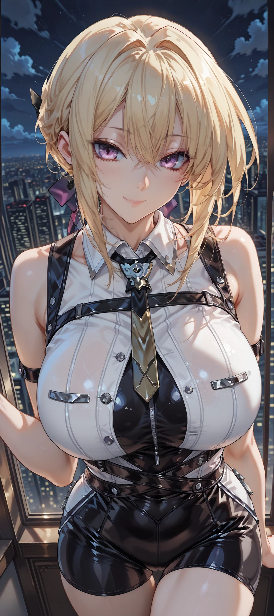 woman,20-year-old,,city,night,((white tight miniskirt bodysuit)),(Harada Makoto),open mouth smile,(((See-through))),((blonde)),long hair